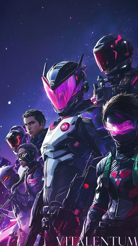 Neon armored squad of futuristic space operatives assembled.