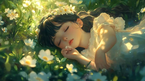 Sleeping child in sunlit wildflower meadow, soft bokeh light