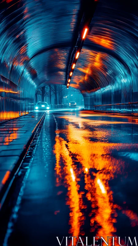Cyberpunk tunnel with neon reflections and dynamic wet roadway.