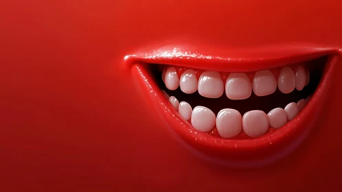 Glossy red grin beaming like a mischievous neon sunrise.