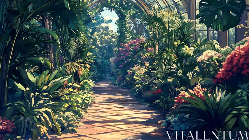 Glasshouse walkway with dense tropical and flowering plants.