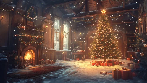 Cozy winter lodge glowing with magical Christmas warmth.