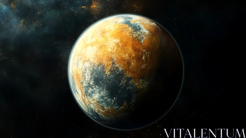 Rust-gold frontier planet drifting through velvet starfield.