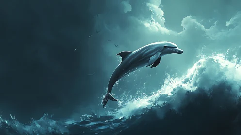 Dolphin cutting through stormy teal ocean waves at dusk.