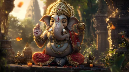 Highly detailed 3D rendering depicts ornate seated Ganesha idol
