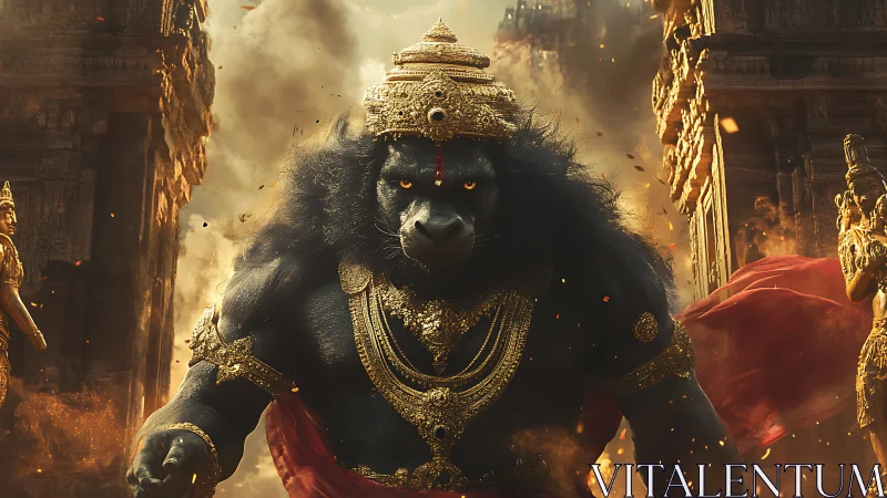 Mythic black lion demigod strides through burning temple