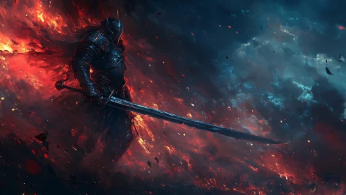 Dark armored swordsman in apocalyptic firestorm composition.