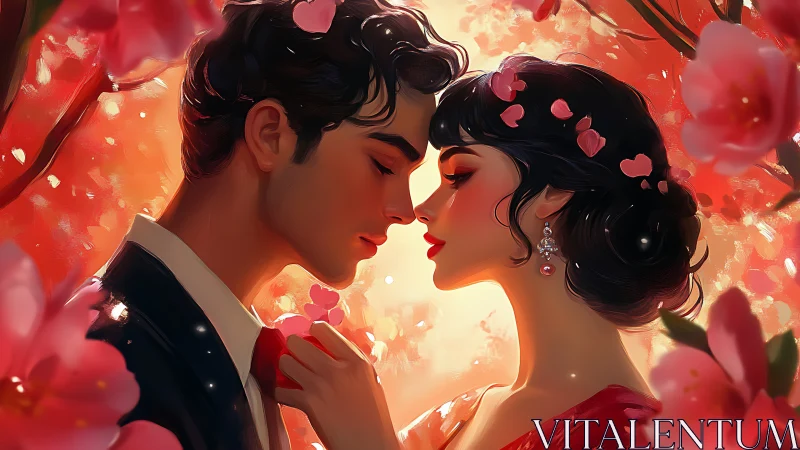 Romantic couple shares intimate moment amid rose petals.