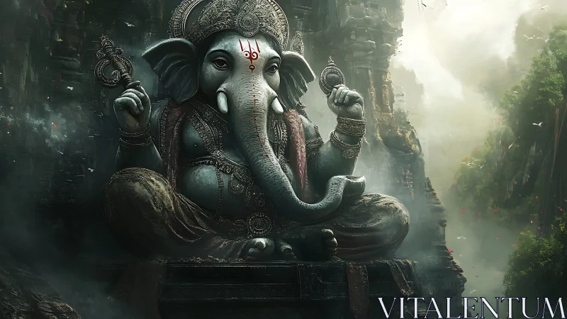 Colossal Ganesha stone sculpture in misted canyon temple