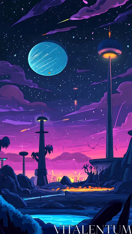 Futuristic alien valley glows under vibrant twilight sky