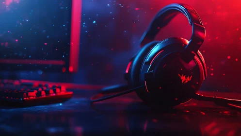 Neon-drenched gaming headset humming in digital twilight.