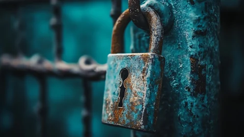 Rust-tongued padlock guarding a weather-beaten teal gate.