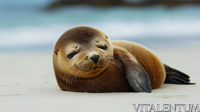 Sleepy baby sea lion rests on soft sandy shoreline.