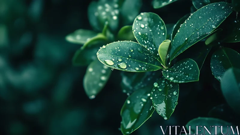 Macro study of rain-soaked green leaves with shallow depth of field