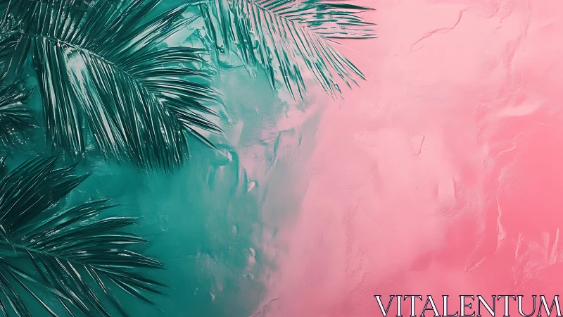 Glossy teal palm fronds against textured pink gradient surface