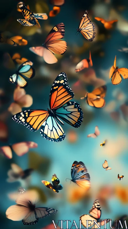 Multicolor monarch swarm in shallow-depth atmospheric bokeh field.