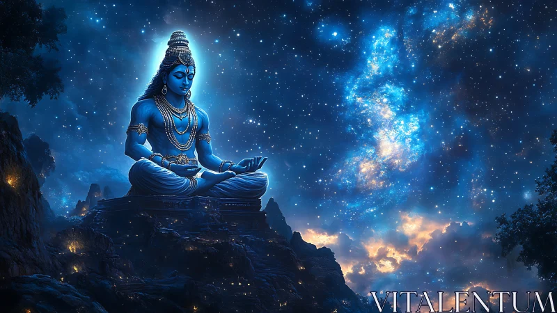 Blue seated deity amid star field and illuminated clouds.