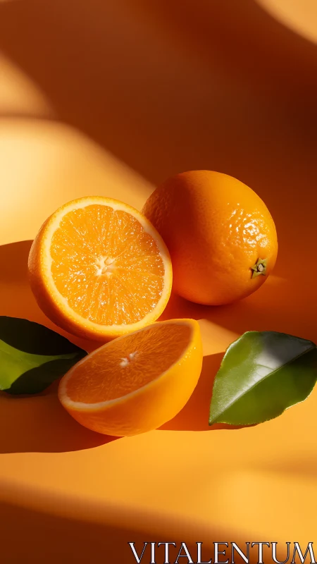 Whole and sliced oranges rest on vivid sunlit backdrop