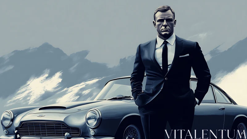 Stylish suited man stands before classic silver car.