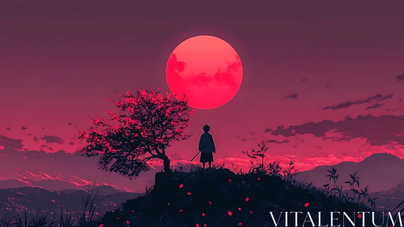Silhouetted figure observes red sun over stylized valley