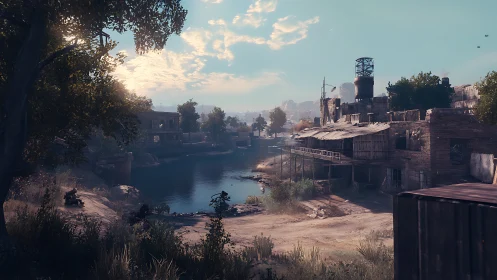 Morning light softens a quiet riverside ghost town view