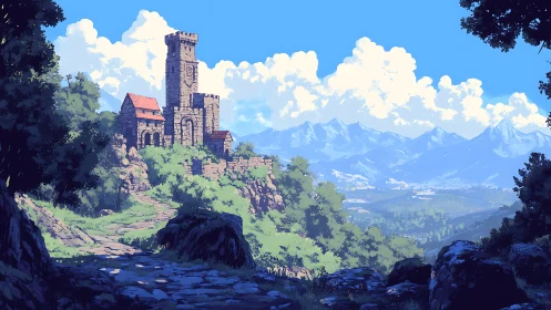 Ancient stone tower rises above a sunlit mountain valley