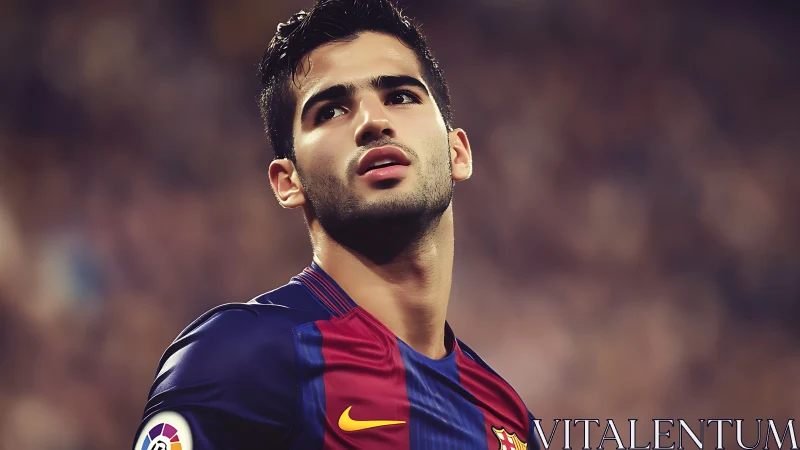 Determined young soccer player gazes up under stadium lights