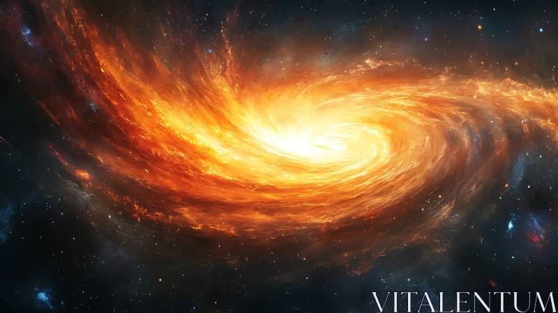 Fiery spiral galaxy rotates across dense star field in space