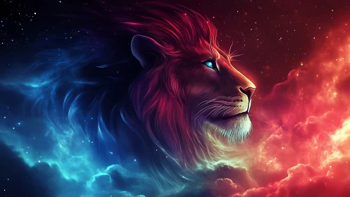 Celestial lion profile in neon bicolor cosmic nebula.