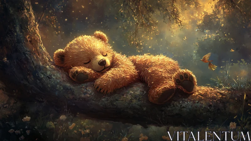 Sleeping teddy bear on forest branch in warm sunset light.