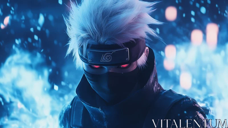 Cinematic close-up of masked ninja with glowing red eyes in blue haze