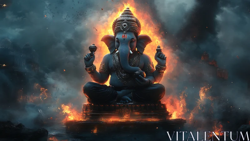 Radiant Ganesha statue rests calmly within swirling fire