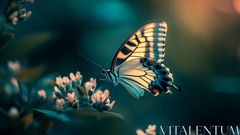 Twilight butterfly scripts a glowing poem across small blooms