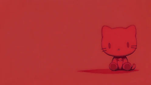 Monochrome red cartoon kitten mascot with minimalist layout.