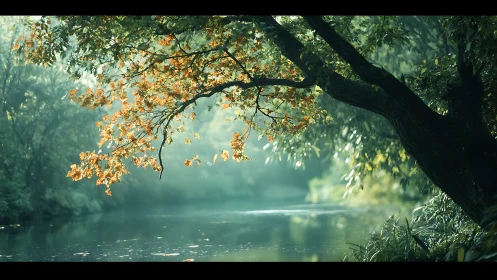 Backlit riverbank tree captures misty morning atmospheric depth