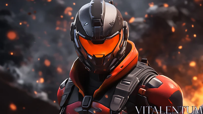 Ember-visor guardian in molten armor amid storming sparks.