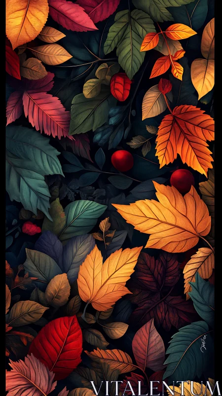 Layered autumn foliage in vivid digital illustration.