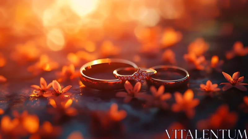 Three Gold Wedding Rings Arranged Among Amber Flowers in Warm Bokeh Lighting