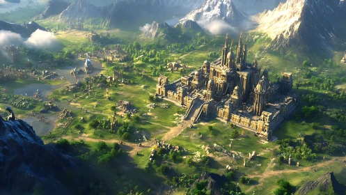 Sunlit citadel unfurls across emerald, mist-ringed valley