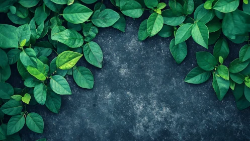 Lush green leaves frame a dark textured stone background.