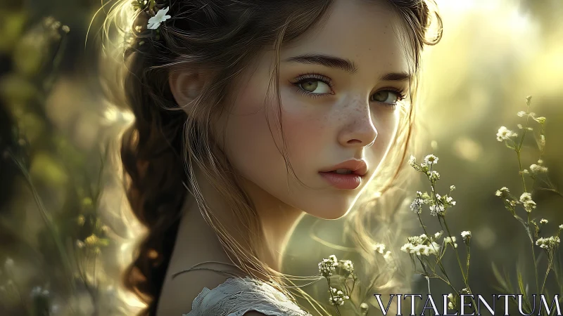 Softly glowing meadow portrait of a freckled young dreamer.