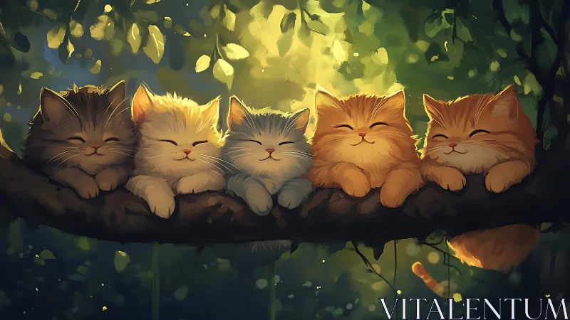 Five Peaceful Cats Resting on Forest Branch Under Golden Leaves.