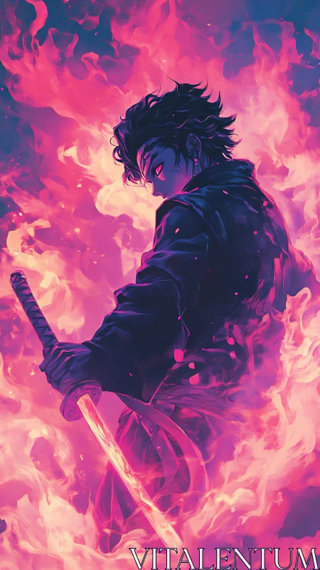 Fiery anime swordsman stands strong in swirling pink flames