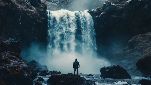 Solitary explorer facing roaring waterfall in misty canyon.