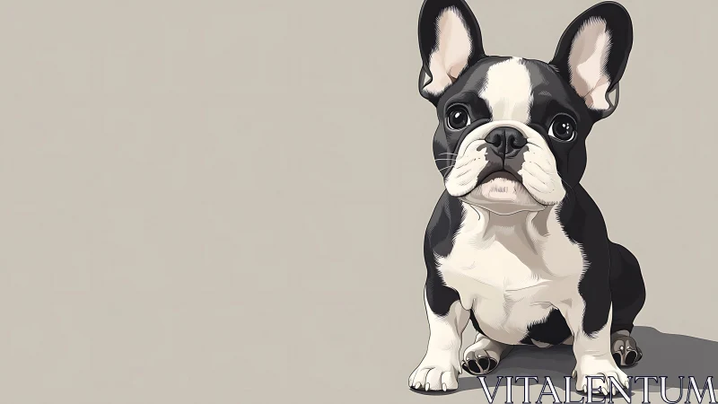 Black and white French bulldog illustration on beige ground.
