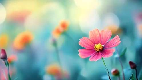 Pink cosmos flower specimen with selective focus optical depth effect.