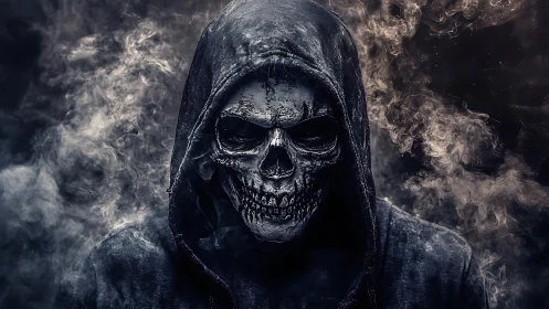 Grim reaper hooded skull emerging from swirling smoke.