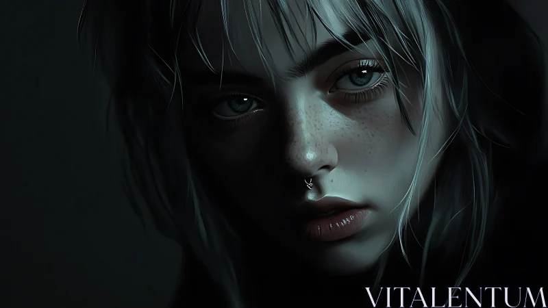 Low-key digital portrait with volumetric rim lighting and freckled skin