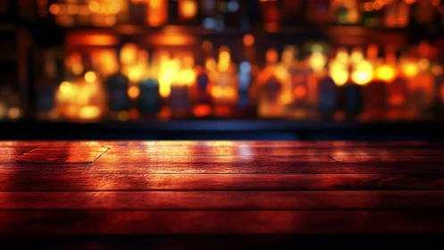 Wooden table surface with blurred warm city lights background
