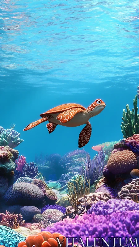 Playful sea turtle gliding above a rainbow coral garden.